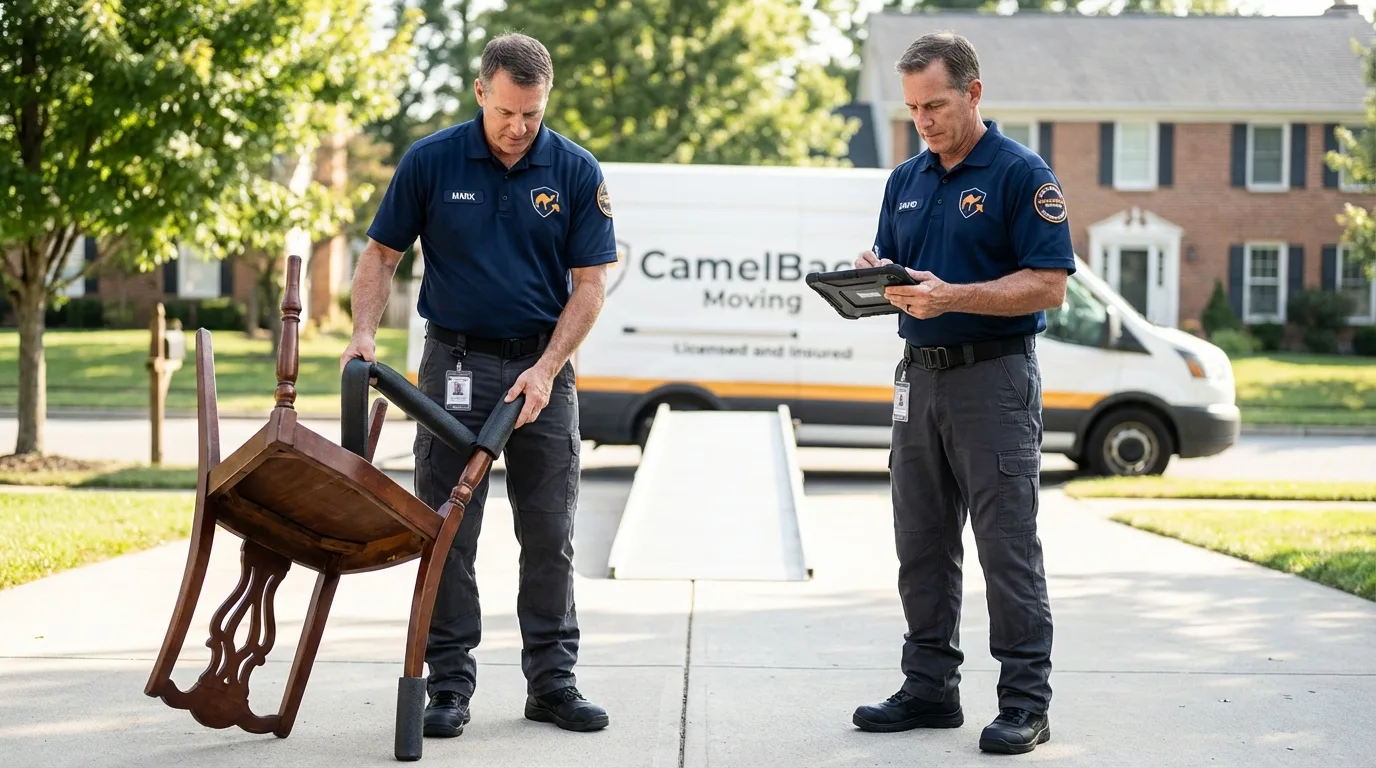 Movers inspecting furniture for damage prevention before loading in Murfreesboro, AR
